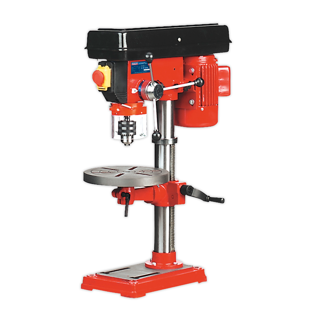 The Sealey Pillar Drill Bench 5-Speed GDM50B, featuring a 750mm height and powered by a 370W/230V motor, is an ideal red and black bench-top drill press with an adjustable table for woodworking applications. It excels at drilling precise holes in various materials.