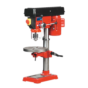 The Sealey Pillar Drill Bench 5-Speed GDM50B, featuring a 750mm height and powered by a 370W/230V motor, is an ideal red and black bench-top drill press with an adjustable table for woodworking applications. It excels at drilling precise holes in various materials.