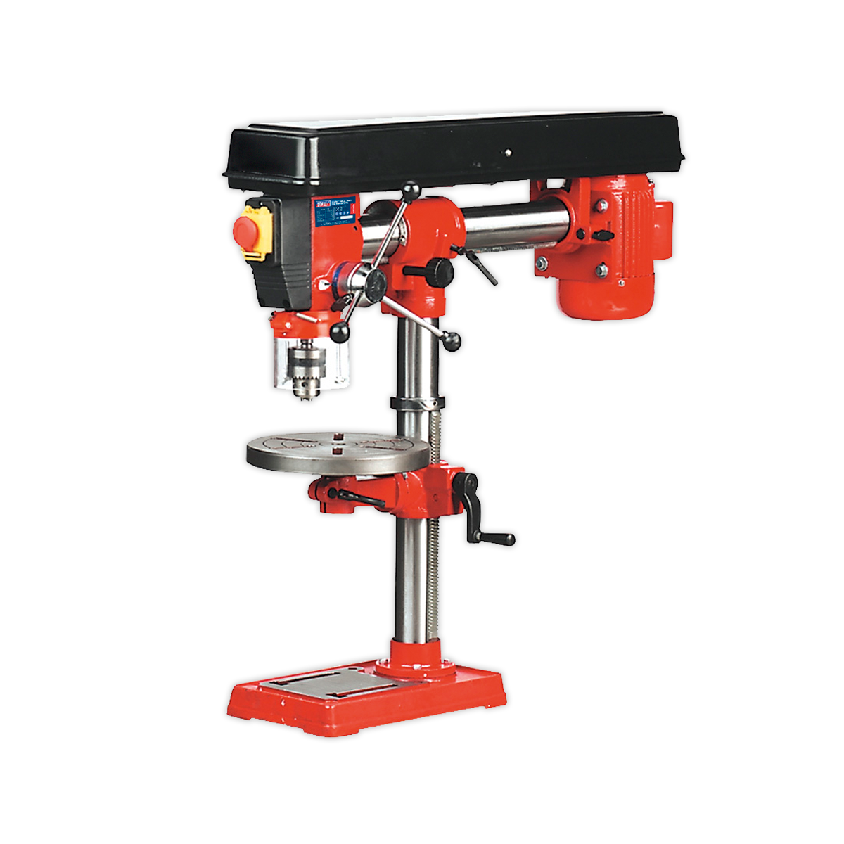 The Sealey Radial Pillar Drill Bench 5-Speed 820mm Height 550W/230V - GDM790BR is a red and black machine featuring a rotating handle, an adjustable table, and a drill bit. Its heavy-duty construction and radial design ensure precise drilling tasks.