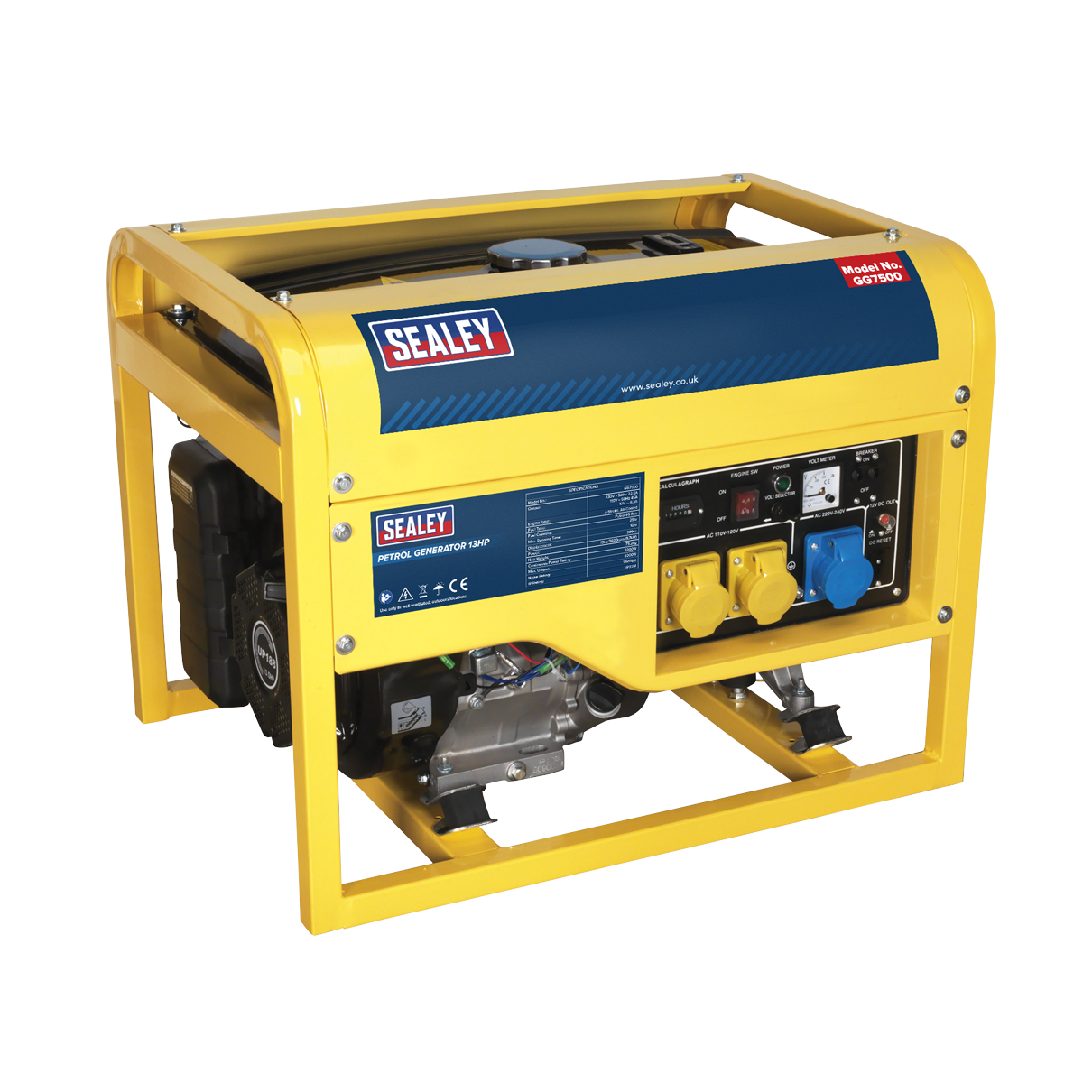 The Sealey yellow and black petrol generator, model number GG7500, features various switches and outlets on its control panel. This 6000W heavy-duty generator is equipped with a maintenance-free alternator for reliable performance.