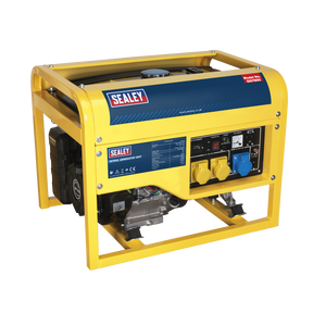 The Sealey yellow and black petrol generator, model number GG7500, features various switches and outlets on its control panel. This 6000W heavy-duty generator is equipped with a maintenance-free alternator for reliable performance.