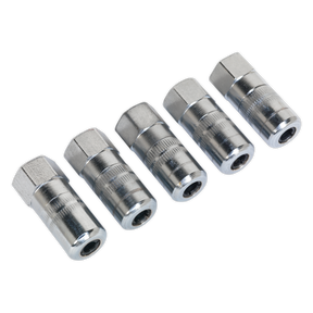 Five Sealey Hydraulic Connector 4-Jaw Heavy-Duty 1/8"BSP (Pack of 5 - GGE5) arranged in a row against a white background.