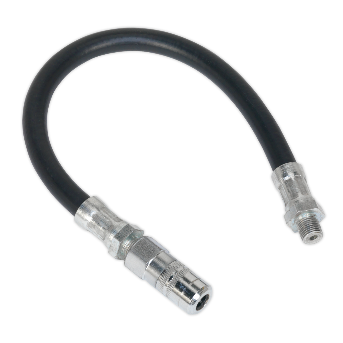 A Sealey black Rubber Delivery Hose with a 4-Jaw Connector, flexible 300mm length, featuring zinc-plated male ends and silver metal connectors at both ends (1/8"BSP Gas - GGHE300).