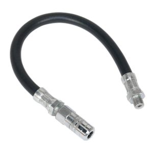 A Sealey black Rubber Delivery Hose with a 4-Jaw Connector, flexible 300mm length, featuring zinc-plated male ends and silver metal connectors at both ends (1/8"BSP Gas - GGHE300).