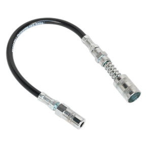 The Sealey Rubber Delivery Hose with 4-Jaw Connector, a 300mm flexible hydraulic hose featuring a quick release coupling and a 1/8"BSP fitting, is typically used for fluid transfer in machinery and automotive applications.