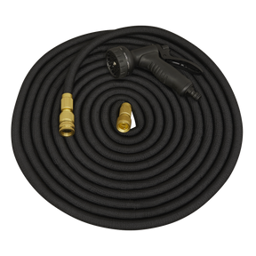 A Ø17mm black expandable garden hose, model GH15E by Sealey, featuring a spray nozzle attached at one end and brass fittings at the other end, placed on a white background.