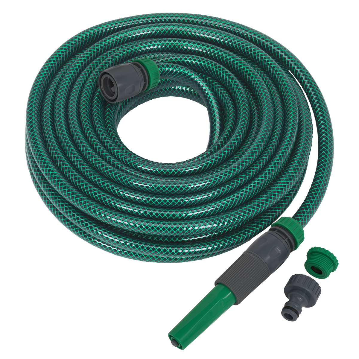 A coiled Water Hose 15m with Fittings - GH15R/12 from Sealey, featuring reinforced 3-ply construction and green and black fittings, displayed on a white background.