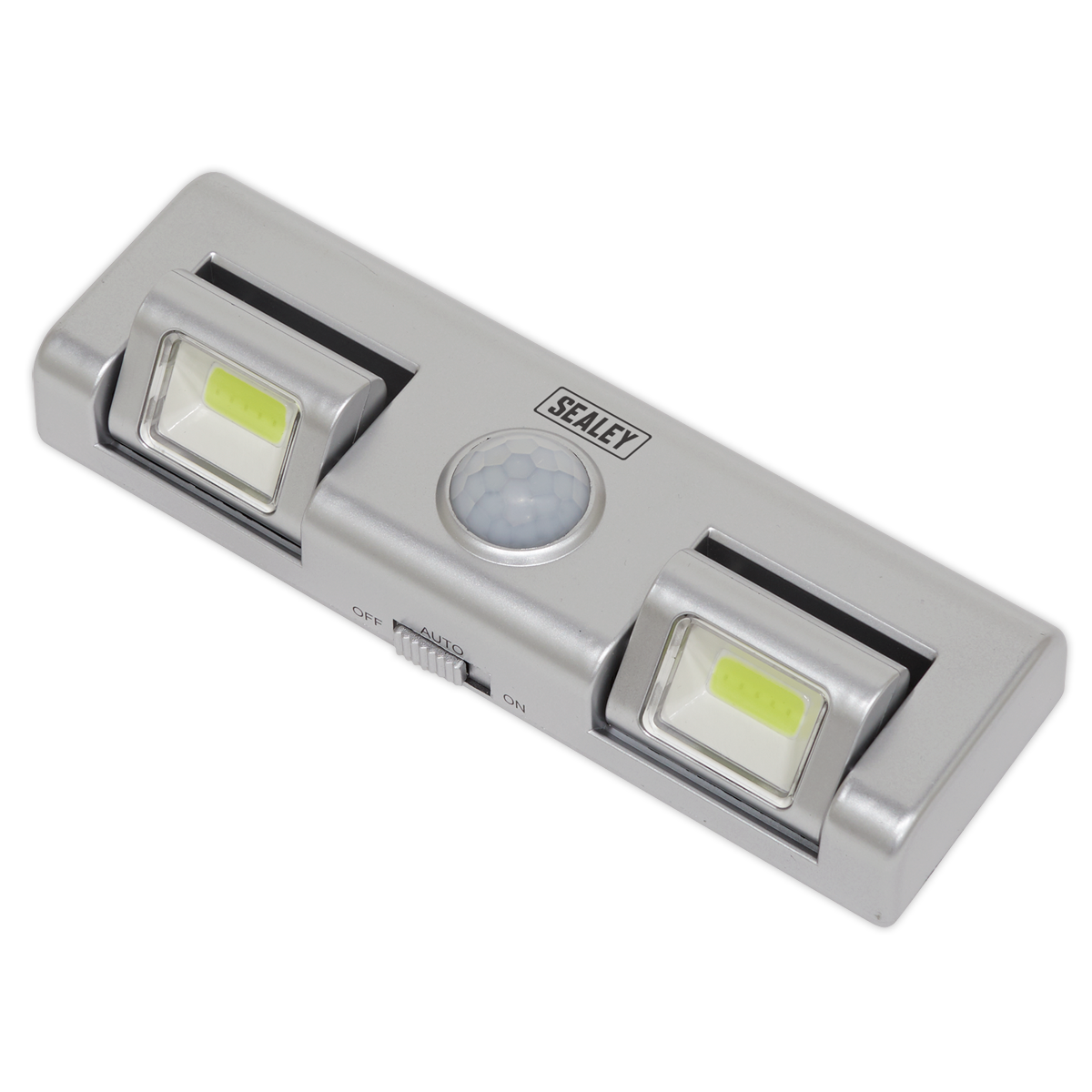 The Sealey Auto Light GL93, constructed from lightweight composite material and featuring an on/off switch, includes two rectangular bright white 1W COB LEDs along with a central PIR motion sensor. It operates using 3 x AA cells.