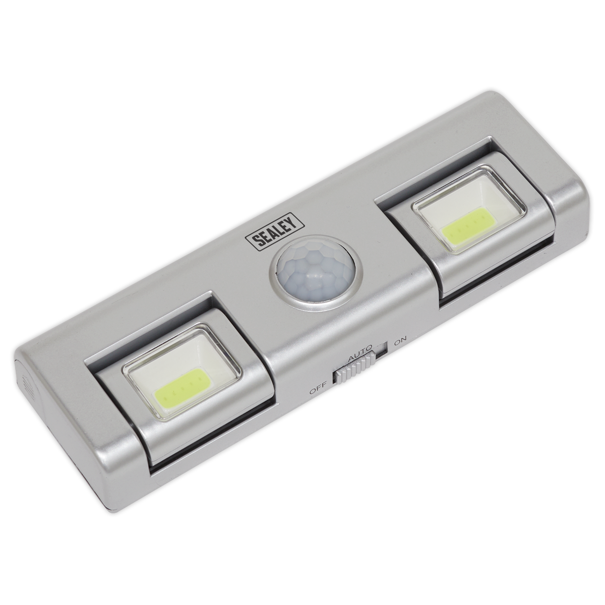 The Sealey Auto Light GL93, crafted from lightweight composite material, features two rectangular bright white COB LEDs and a central PIR sensor.