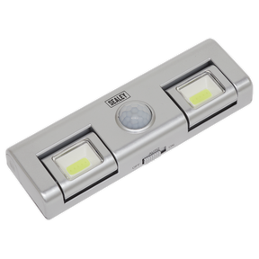 The Sealey Auto Light GL93, crafted from lightweight composite material, features two rectangular bright white COB LEDs and a central PIR sensor.
