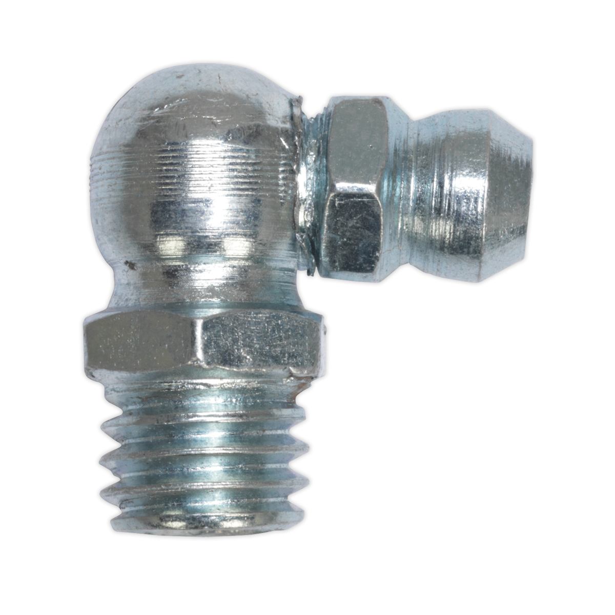 Close-up of a Sealey Grease Nipple 90° 1/4"BSP Gas (GNI13), featuring a threaded end and right-angle design with a ball-shaped tip, available in a pack of 25.