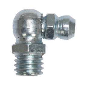 Close-up of a Sealey Grease Nipple 90° 1/4"BSP Gas (GNI13), featuring a threaded end and right-angle design with a ball-shaped tip, available in a pack of 25.