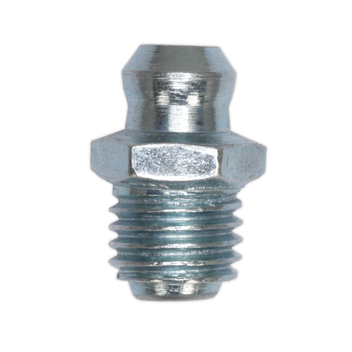 A close-up of the Sealey Grease Nipple Straight 1/4" UNF from pack GNI17, showcasing its metallic hexagonal design, threaded end, and conical top.