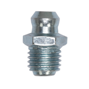 A close-up of the Sealey Grease Nipple Straight 1/4" UNF from pack GNI17, showcasing its metallic hexagonal design, threaded end, and conical top.