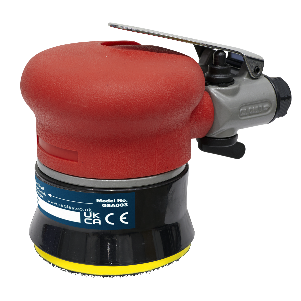 A red, handheld Air Palm Orbital Sander with a Ø75mm black and yellow hook-and-loop sanding pad and metal control lever is shown. The label indicates it is a Sealey model GSA003 with UKCA and CE certifications. The tool features variable speed control for quick adjustment in various tasks.