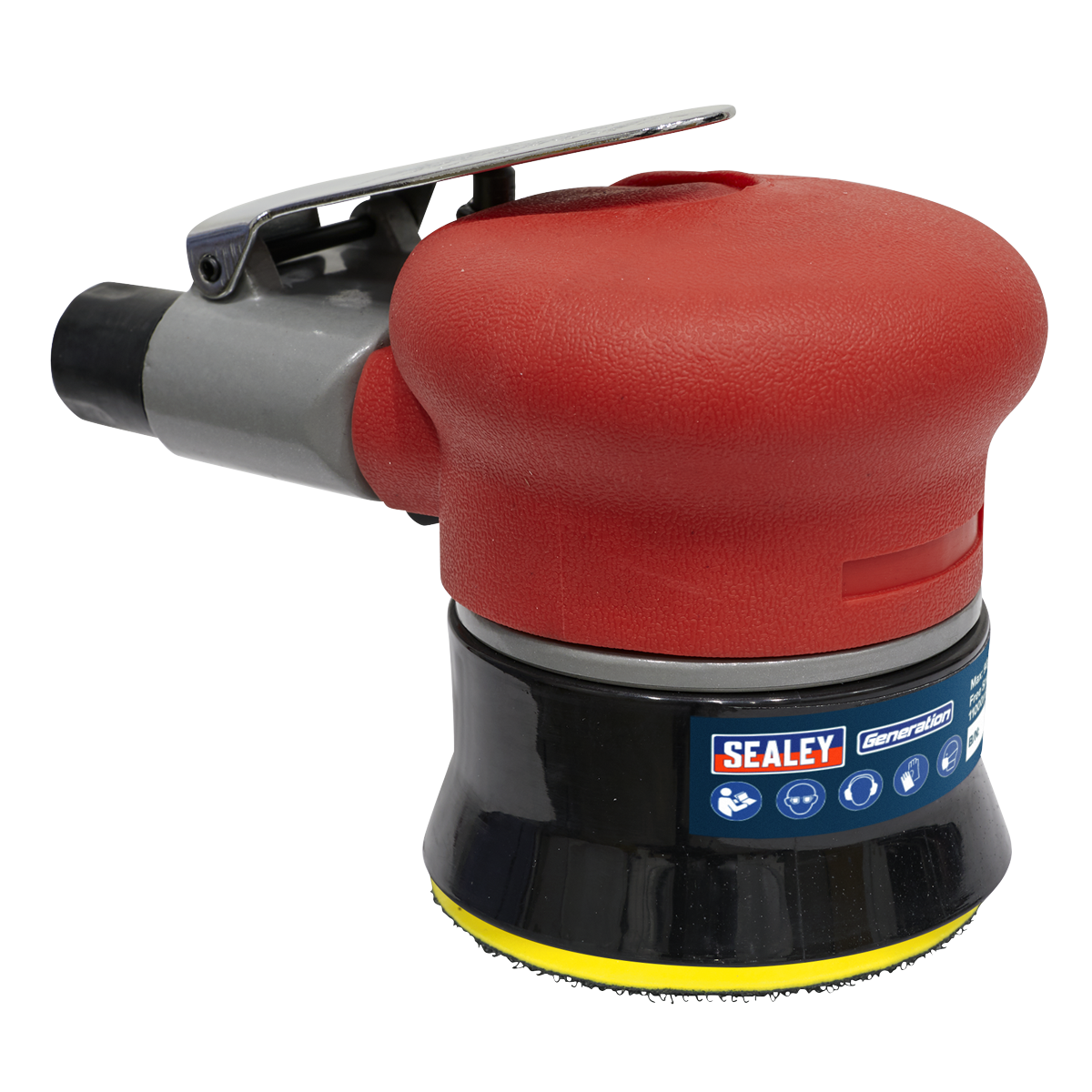 A Sealey Air Palm Orbital Sander Ø75mm - GSA003, featuring a red and black design with a gray handle, equipped with a hook-and-loop pad for quick adjustments and a manual control lever.