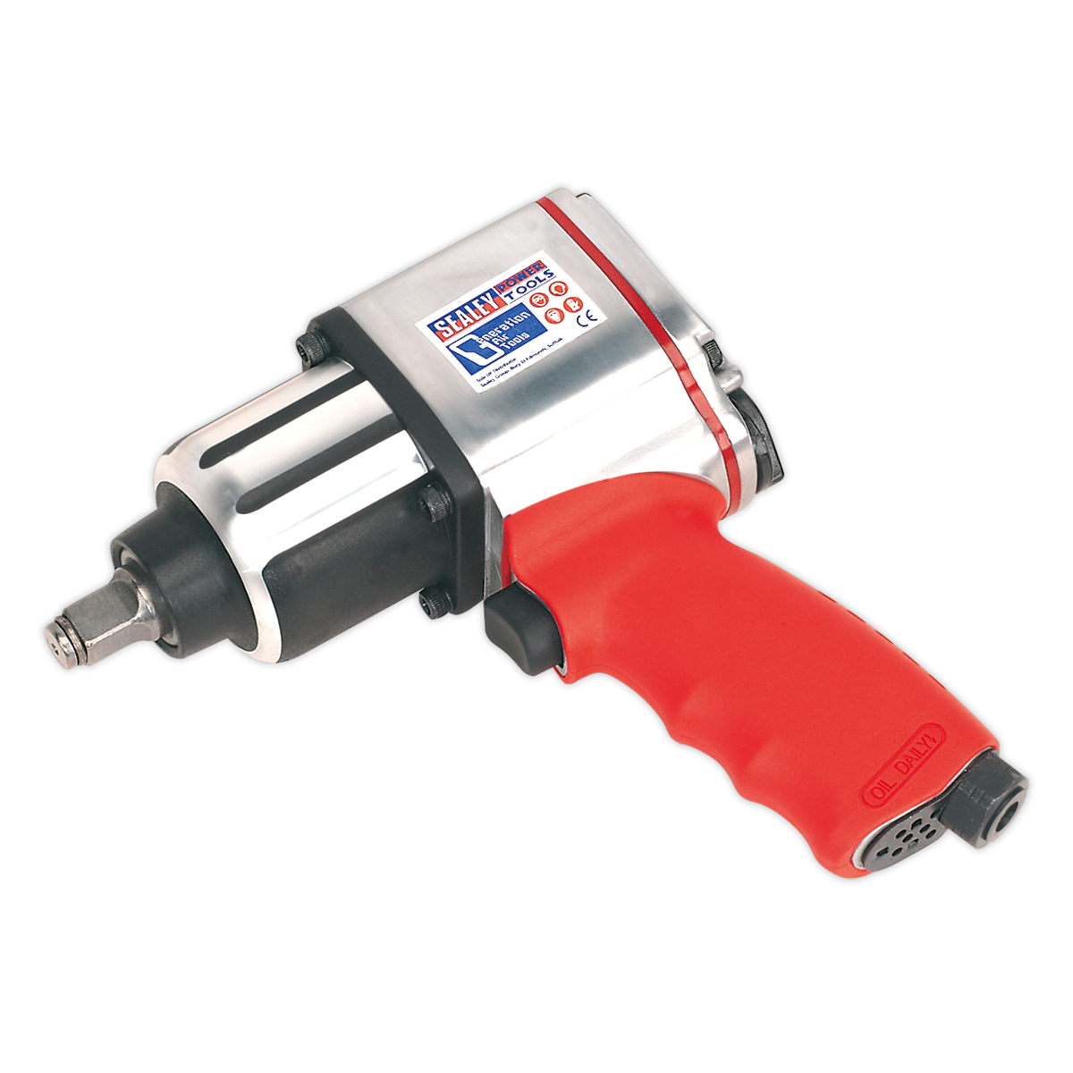 A Sealey Air Impact Wrench 1/2"Sq Drive - Twin Hammer - GSA02, featuring a silver and black body with a red handle and branding on the side, is shown. This impact wrench also offers a 3-position adjustable air/torque control for precise operation.