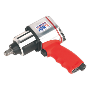 A Sealey Air Impact Wrench 1/2"Sq Drive - Twin Hammer - GSA02, featuring a silver and black body with a red handle and branding on the side, is shown. This impact wrench also offers a 3-position adjustable air/torque control for precise operation.