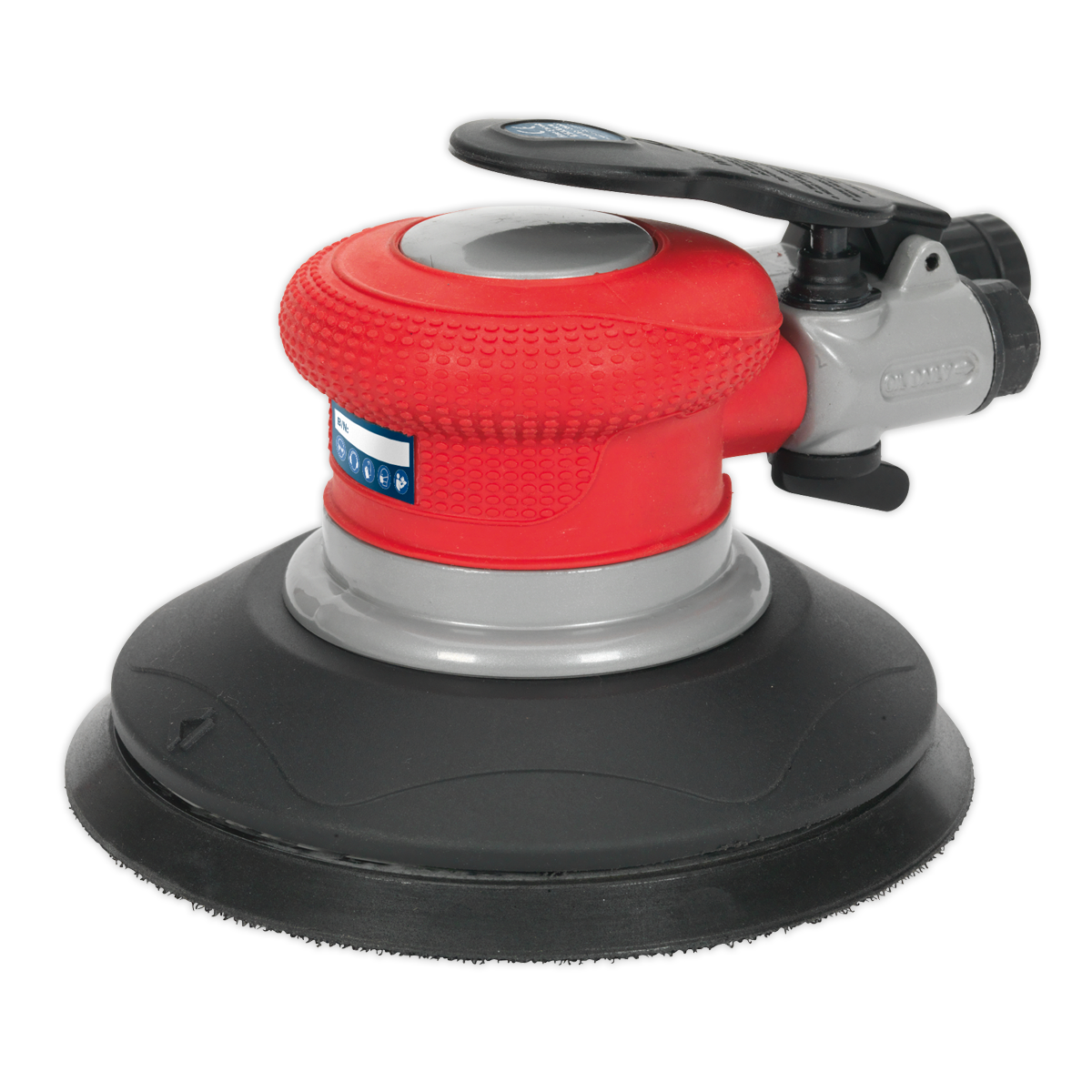 Image of a red and gray Sealey Air Palm Random Orbital Sander Ø150mm - GSA04 with a hook-and-loop pad, black sanding pad, top lever handle, and variable speed control.