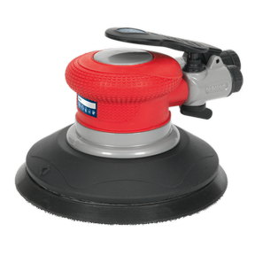 Image of a red and gray Sealey Air Palm Random Orbital Sander Ø150mm - GSA04 with a hook-and-loop pad, black sanding pad, top lever handle, and variable speed control.