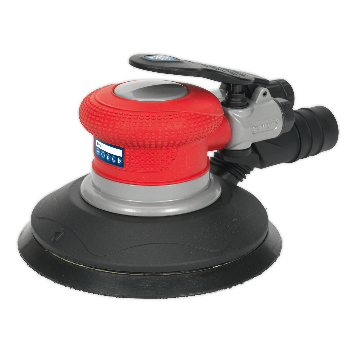 A handheld red and gray Air Palm Random Orbital Sander Ø150mm Dust-Free - GSA05 from Sealey, featuring a black base and handle, with a dust-free outlet for cleaner workspaces.