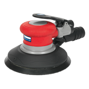 A handheld red and gray Air Palm Random Orbital Sander Ø150mm Dust-Free - GSA05 from Sealey, featuring a black base and handle, with a dust-free outlet for cleaner workspaces.