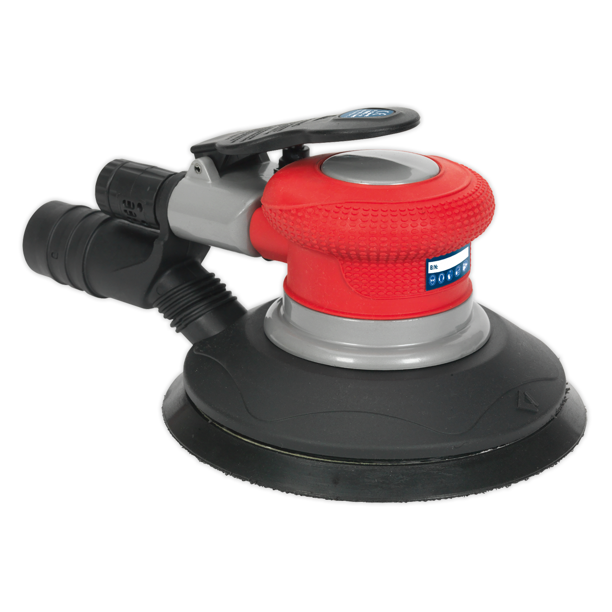 The Sealey Air Palm Random Orbital Sander Ø150mm Dust-Free - GSA05, featuring a red and black design with variable speed control, a dust extraction port, and an ergonomic grip, is shown against a white background.