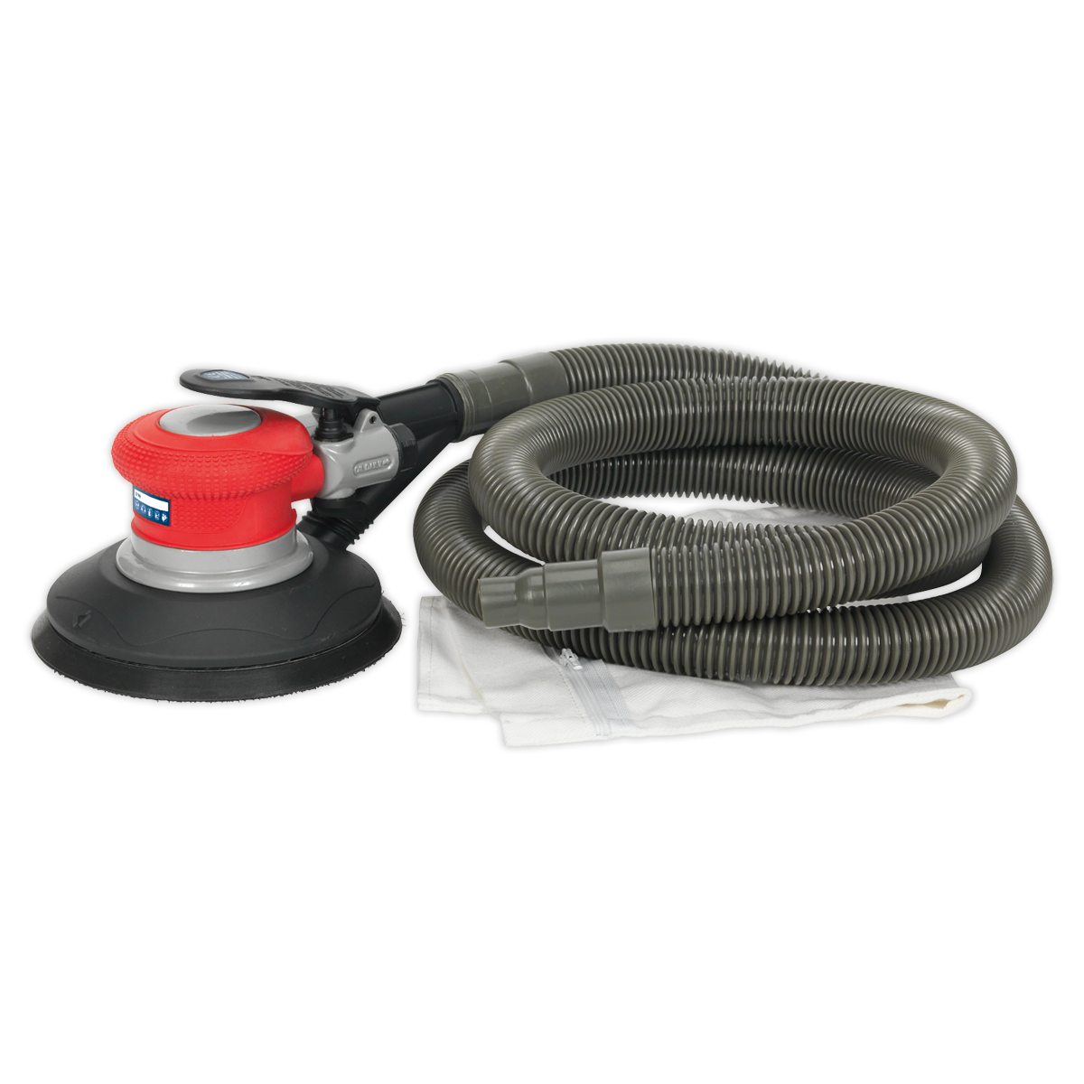 A Sealey Air Palm Random Orbital Sander Ø150mm Dust-Free Self-Contained - GSA06, in red and black, with a long, coiled hose attached, featuring a variable speed control and placed on a white cloth.