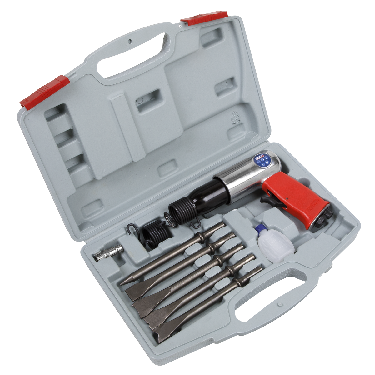 The Sealey Air Hammer Kit Long Stroke - GSA11, organized in a gray plastic carrying case with red clips, includes various attachments and accessories. The air hammer itself features a soft grip for comfortable use and is designed to minimize noise emissions.