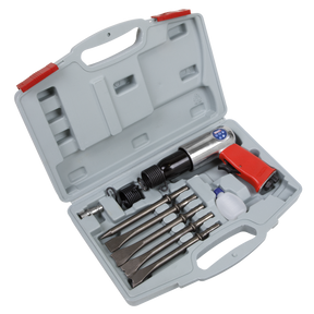 The Sealey Air Hammer Kit Long Stroke - GSA11, organized in a gray plastic carrying case with red clips, includes various attachments and accessories. The air hammer itself features a soft grip for comfortable use and is designed to minimize noise emissions.