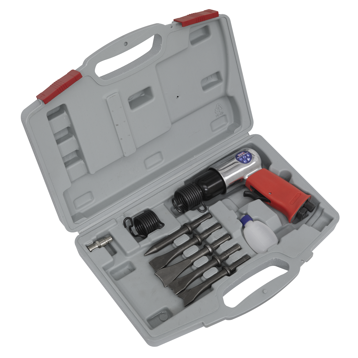 A Sealey Air Hammer Kit Medium Stroke - GSA12, featuring an air hammer, various chisel attachments, a small oil bottle, and a spring, comes in a gray plastic storage case with red latches.