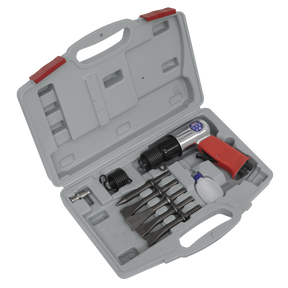 A Sealey Air Hammer Kit Medium Stroke - GSA12, featuring an air hammer, various chisel attachments, a small oil bottle, and a spring, comes in a gray plastic storage case with red latches.