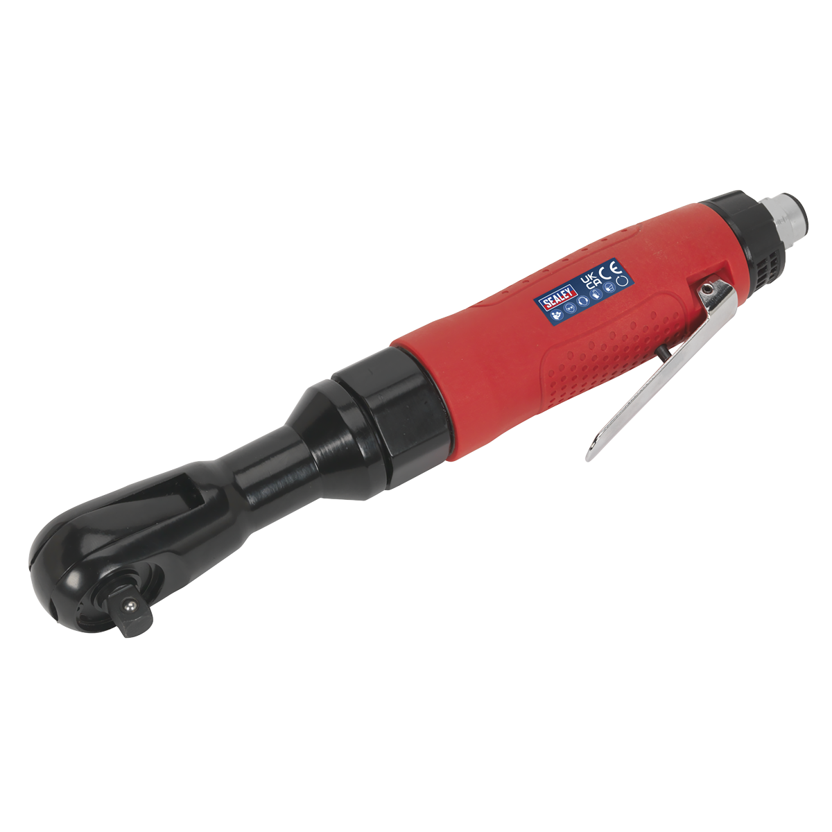 Introducing the Sealey Air Ratchet Wrench 3/8"Sq Drive - GSA20 from the Generation Series, a red and black pneumatic tool with a metal lever for smooth operation, capable of delivering an impressive 45lb.ft torque.