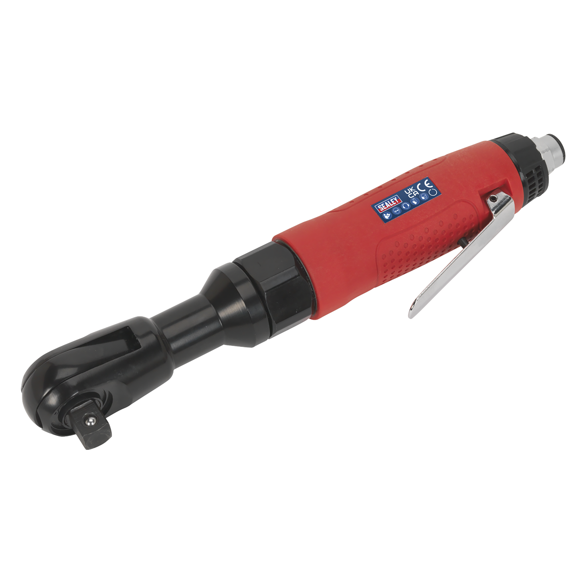 Introducing the Sealey Air Ratchet Wrench 1/2"Sq Drive - GSA21, a red and black tool from the Generation Series featuring a contoured handle, 45lb.ft torque output, metal lever, and square drive head—ideal for tightening and loosening bolts and nuts.