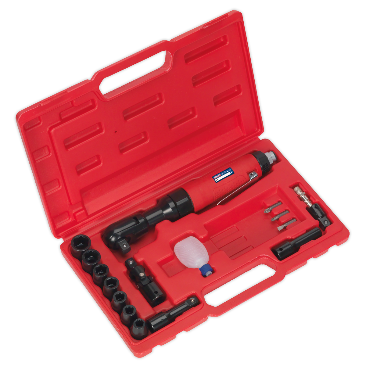 A red plastic case containing the Sealey Air Ratchet Wrench Kit 1/2"Sq Drive - GSA21KIT, including the ratchet wrench with a soft grip handle, various WallDrive impact sockets, and a small plastic bottle for oil.