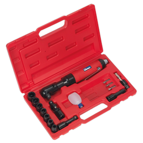 A red plastic case containing the Sealey Air Ratchet Wrench Kit 1/2"Sq Drive - GSA21KIT, including the ratchet wrench with a soft grip handle, various WallDrive impact sockets, and a small plastic bottle for oil.