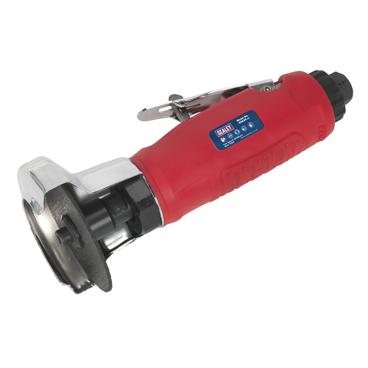 A red Sealey Air Cut-Off Tool Ø75mm - GSA25, featuring a metal disc guard and a throttle safety device on top.