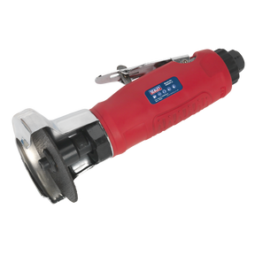 A red Sealey Air Cut-Off Tool Ø75mm - GSA25, featuring a metal disc guard and a throttle safety device on top.