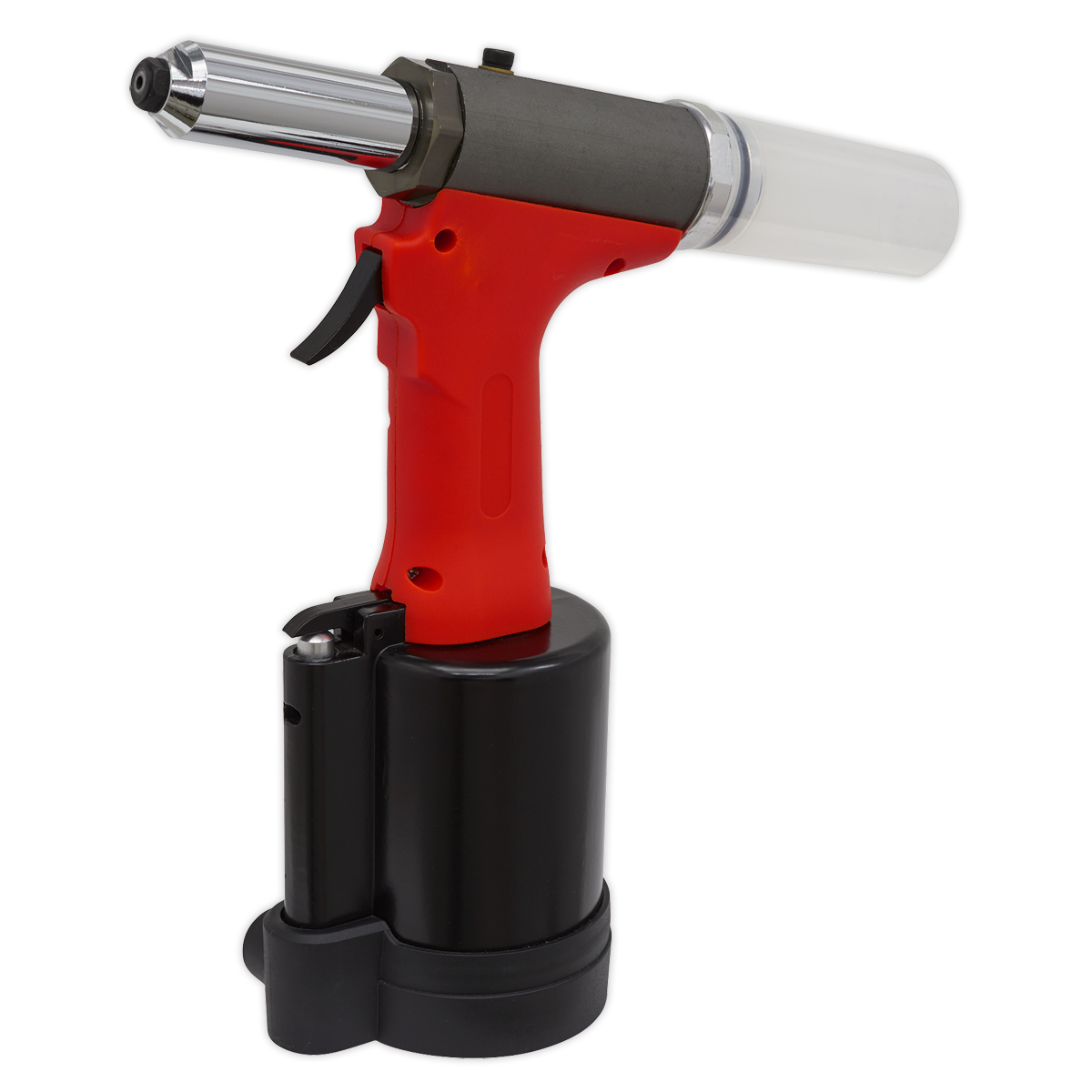 The Sealey Air Riveter 3/16" Steel Aluminium & Stainless Steel Rivets - GSA312 is a red and black pneumatic power tool featuring a cylindrical nozzle and trigger, typically employed for heavy assembly work in industrial settings.