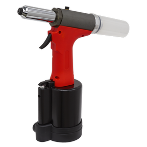 The Sealey Air Riveter 3/16" Steel Aluminium & Stainless Steel Rivets - GSA312 is a red and black pneumatic power tool featuring a cylindrical nozzle and trigger, typically employed for heavy assembly work in industrial settings.