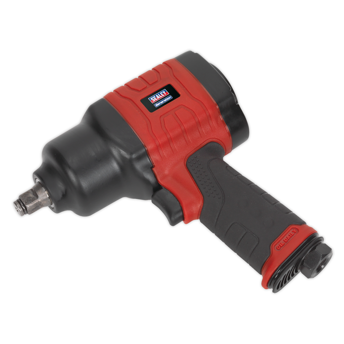 The Sealey Composite Air Impact Wrench 1/2"Sq Drive - Twin Hammer (GSA6002) features a striking black and red design with a textured grip handle and a durable metal square drive. Its robust construction guarantees maximum breakaway torque, perfect for tackling heavy-duty tasks. Displayed against a white background, its industrial strength is unmistakably clear.