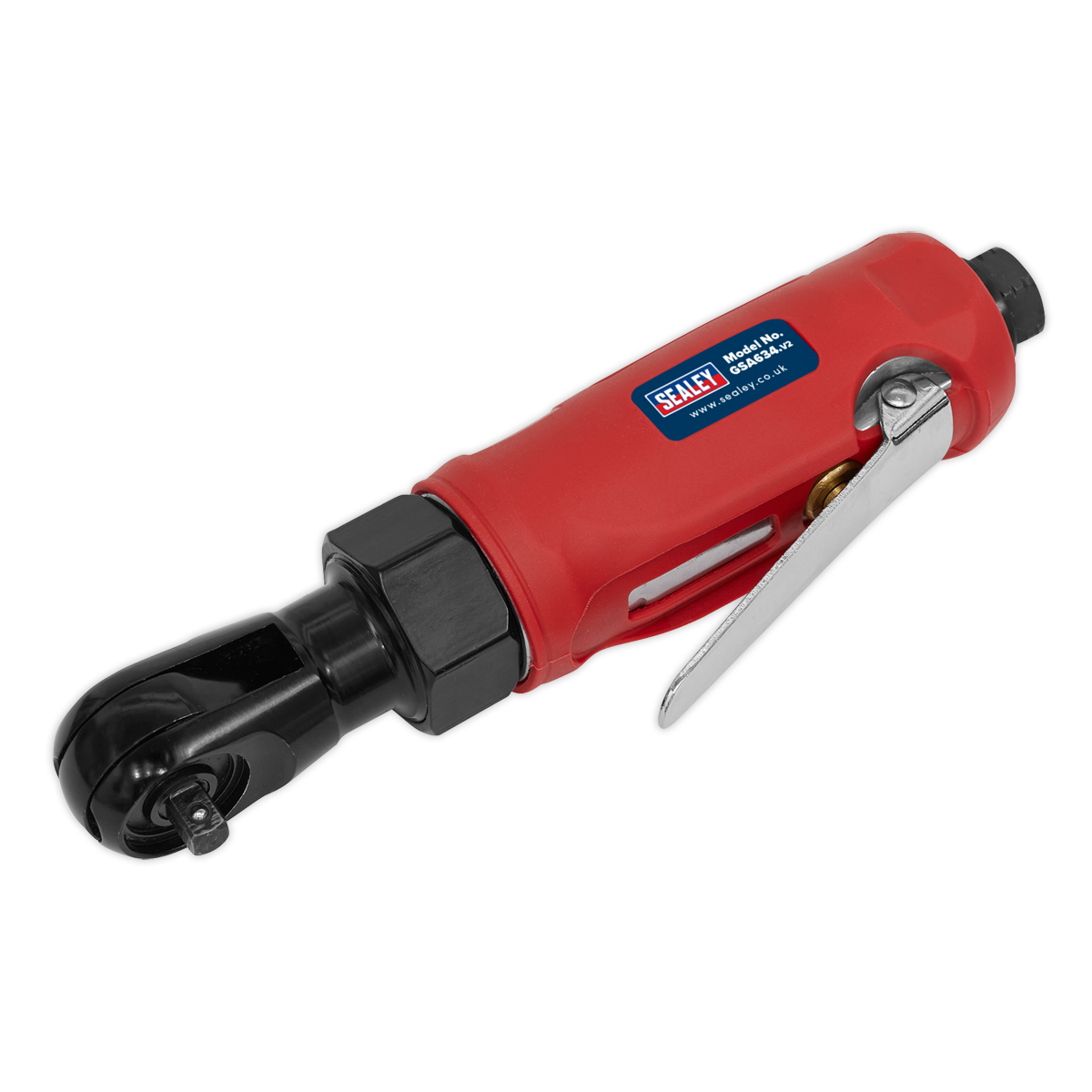 The Sealey Compact Air Ratchet Wrench 1/4"Sq Drive - GSA634, featuring a sleek red and black design with a silver lever and the manufacturer's logo, is perfect for navigating restricted access areas in engine bays.