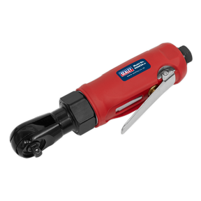 The Sealey Compact Air Ratchet Wrench 1/4"Sq Drive - GSA634, featuring a sleek red and black design with a silver lever and the manufacturer's logo, is perfect for navigating restricted access areas in engine bays.