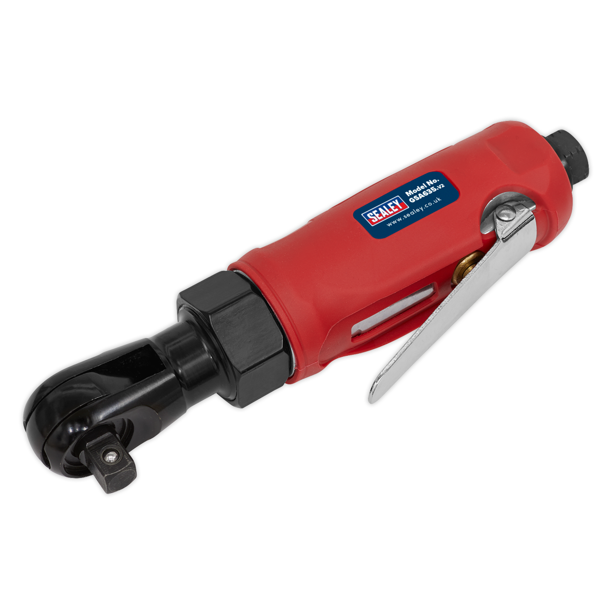 The Sealey Compact Air Ratchet Wrench 3/8"Sq Drive - GSA635, in red and black, features a metal lever, contoured handle, and a branded label on the side, making it perfect for engine bays.