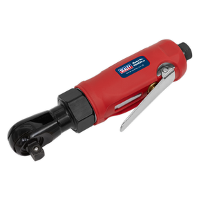 The Sealey Compact Air Ratchet Wrench 3/8"Sq Drive - GSA635, in red and black, features a metal lever, contoured handle, and a branded label on the side, making it perfect for engine bays.