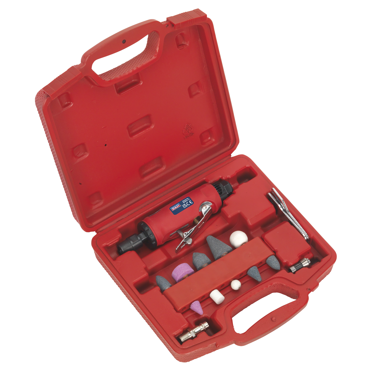 Red carrying case containing a Sealey Air Die Grinder Kit 15pc - GSA67 with low noise air exhaust, complete with various attachments and grinding points.