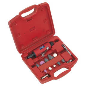 Red carrying case containing a Sealey Air Die Grinder Kit 15pc - GSA67 with low noise air exhaust, complete with various attachments and grinding points.