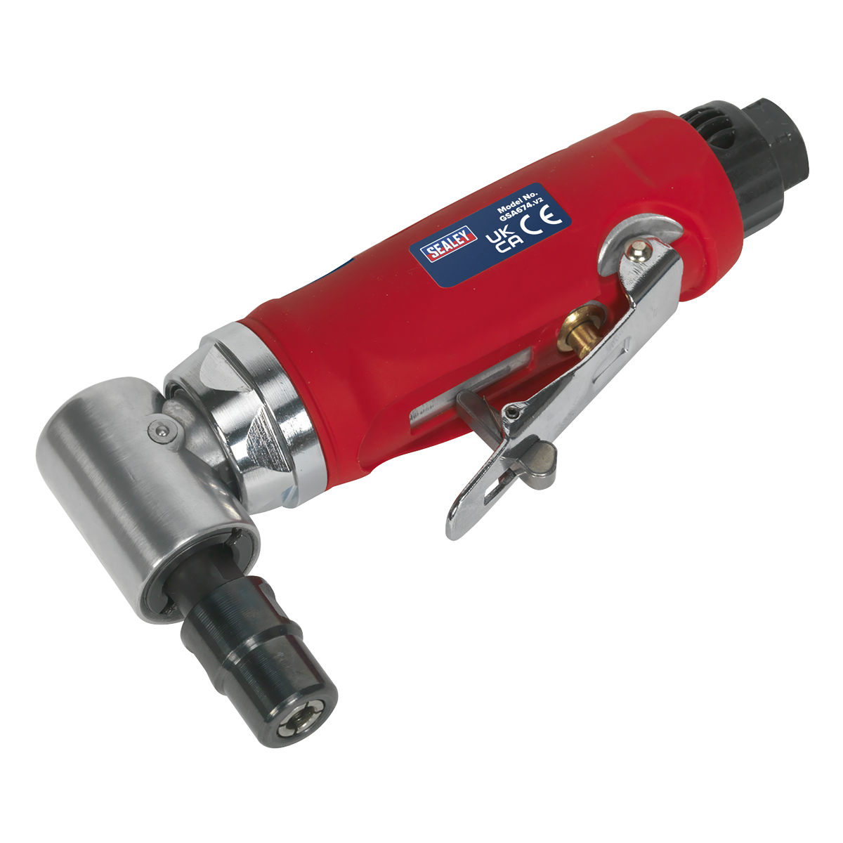 The Sealey Air Die Grinder 90° Angle - GSA674 is a red handheld pneumatic tool with metallic components, featuring lever control and a contoured handle for enhanced grip. This grinder also includes a low-noise exhaust system for quieter operation.