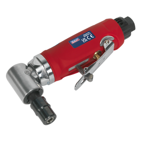 The Sealey Air Die Grinder 90° Angle - GSA674 is a red handheld pneumatic tool with metallic components, featuring lever control and a contoured handle for enhanced grip. This grinder also includes a low-noise exhaust system for quieter operation.