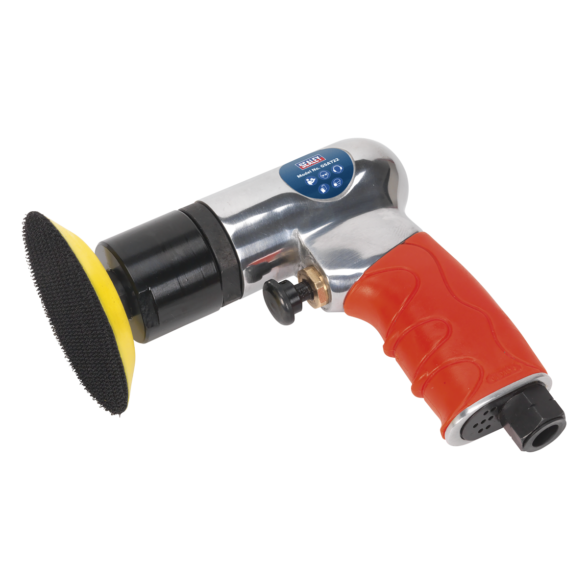 Introducing the Sealey Air Polisher Ø75mm - GSA722, a compact, air-powered tool featuring a red ergonomic, textured grip handle, a powerful air motor, and a distinctive yellow-and-black polishing pad.